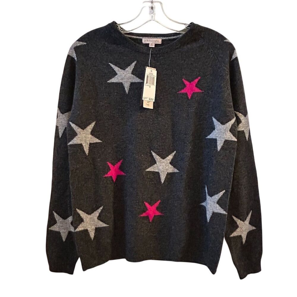 Philosophy Women's M Cashmere Raglan Star Print Pullover Sweater